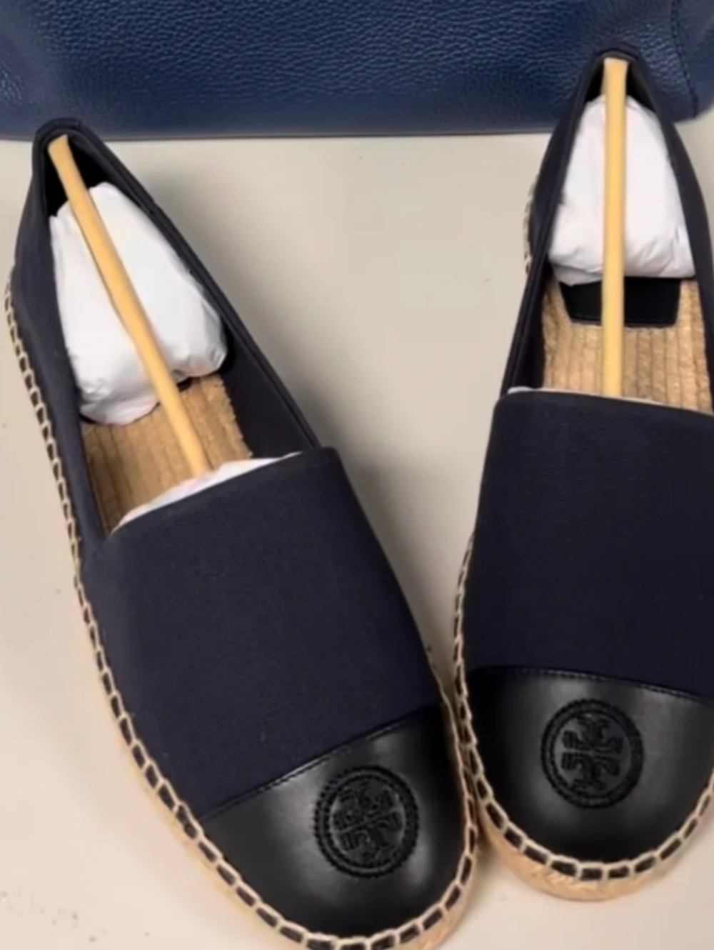 Tory Burch Navy Canvas and Black Leather Logo Espadrille Slip-Ons